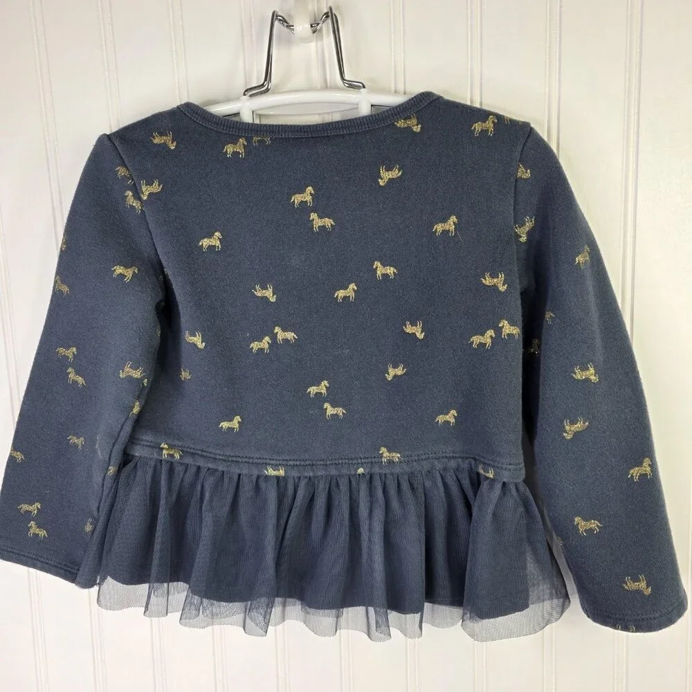 Carter's Sweatshirt Top Girls 4T Blue Horse Print Tulle Peplum Hem Bow Festive